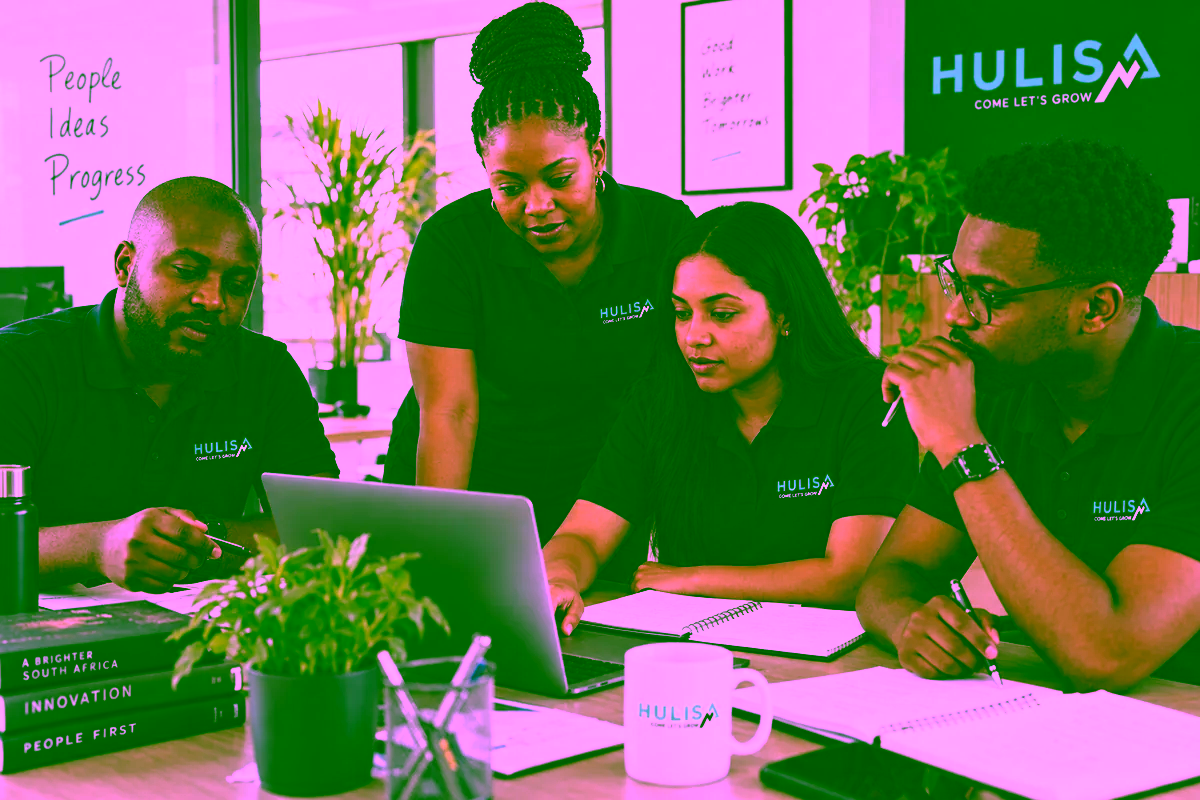 A collaborative team working together in a bright office