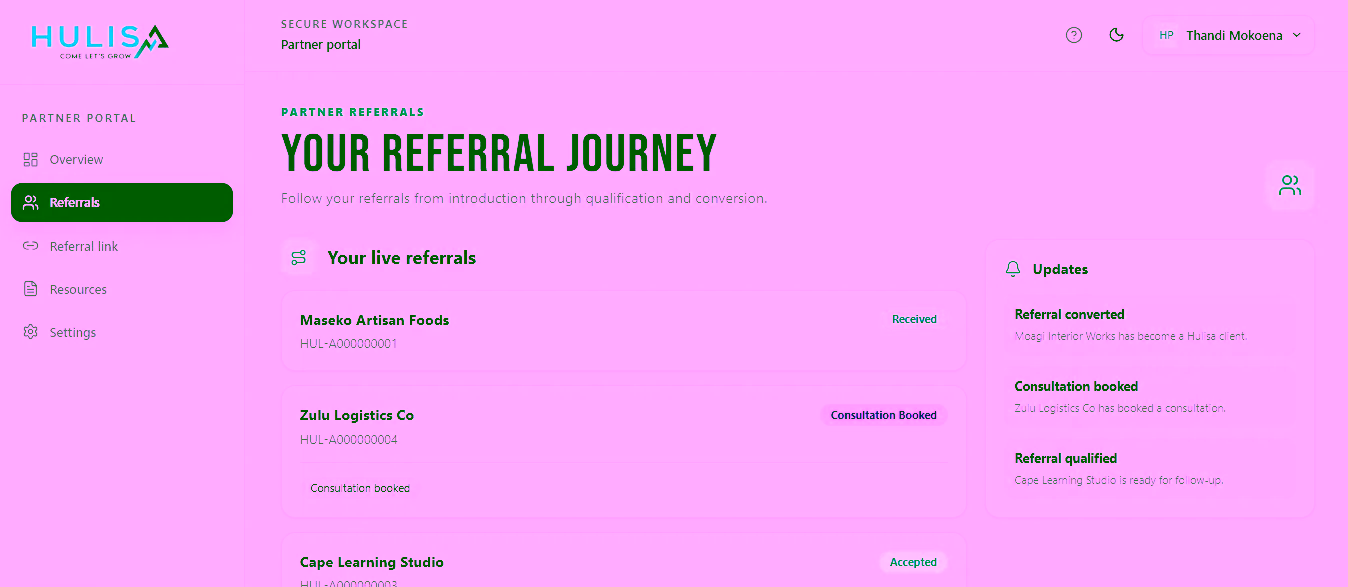Referral journey inside the Hulisa partner portal